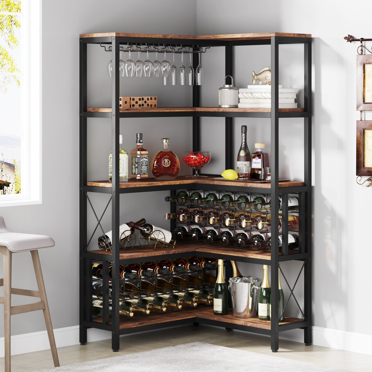 Large Corner Wine Rack 5-Tier Industrial Freestanding Bar Cabinet Black Steel